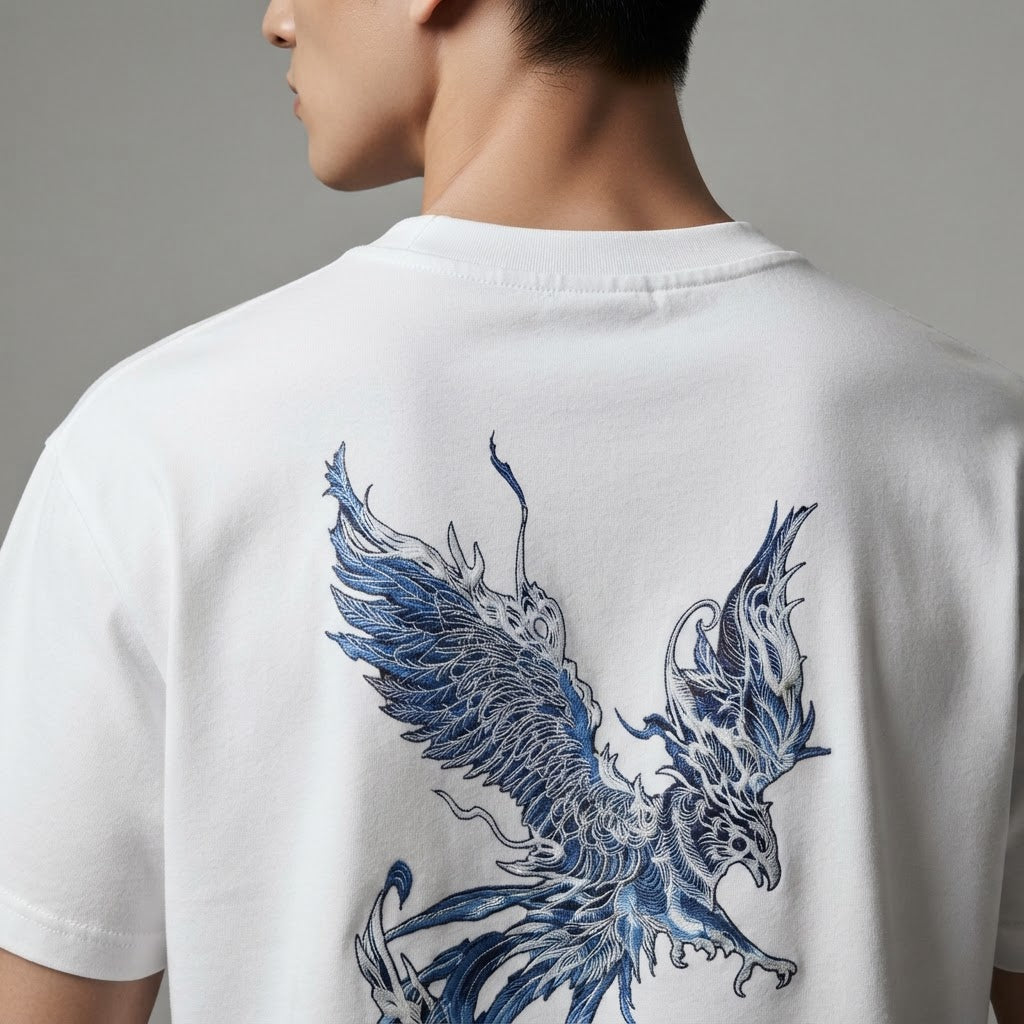 Premium Heavyweight Cotton Phoenix Embroidery T-Shirt - Loose Fit
