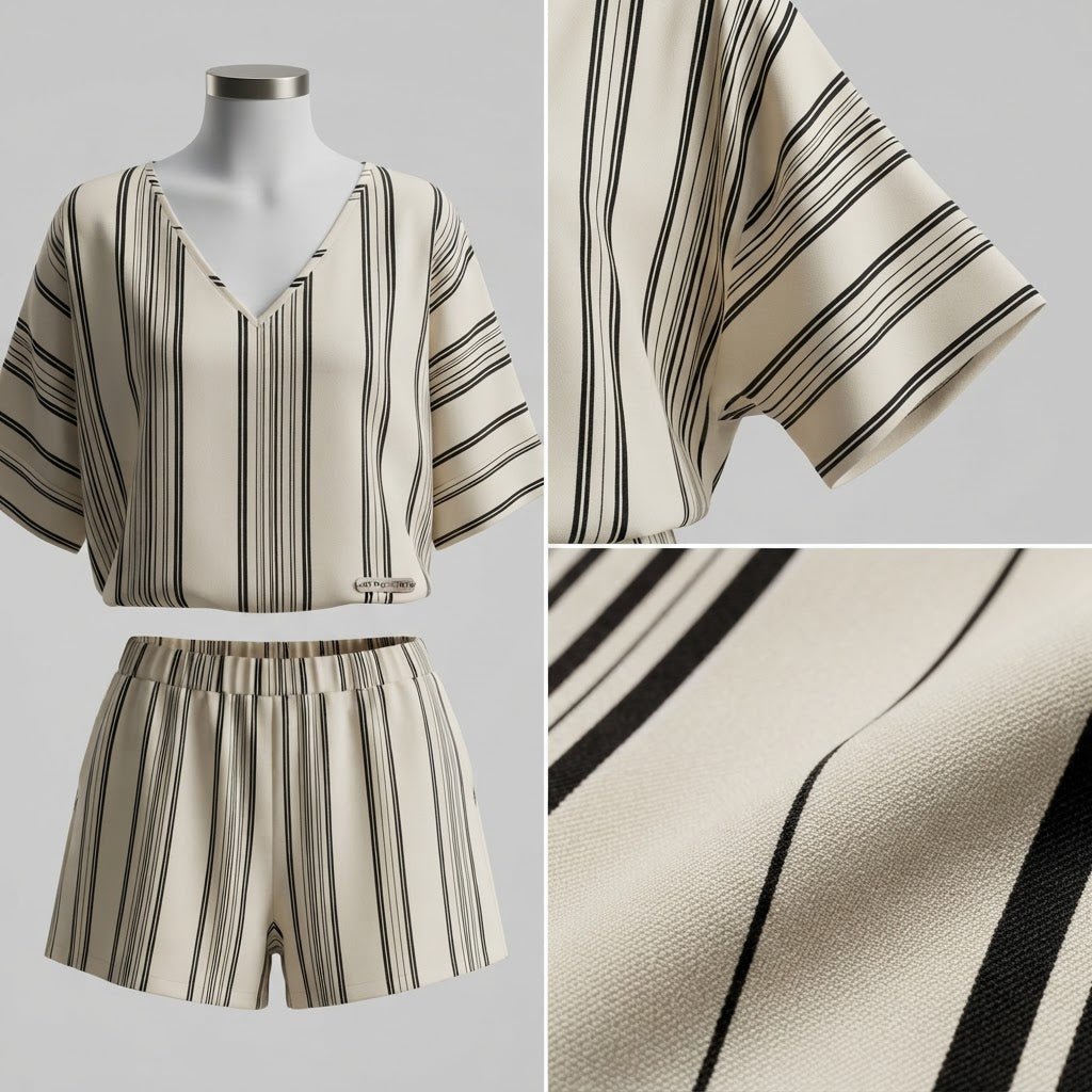 Women's Chic Striped V-Neck Batwing Sleeve Two-Piece Shorts Set
