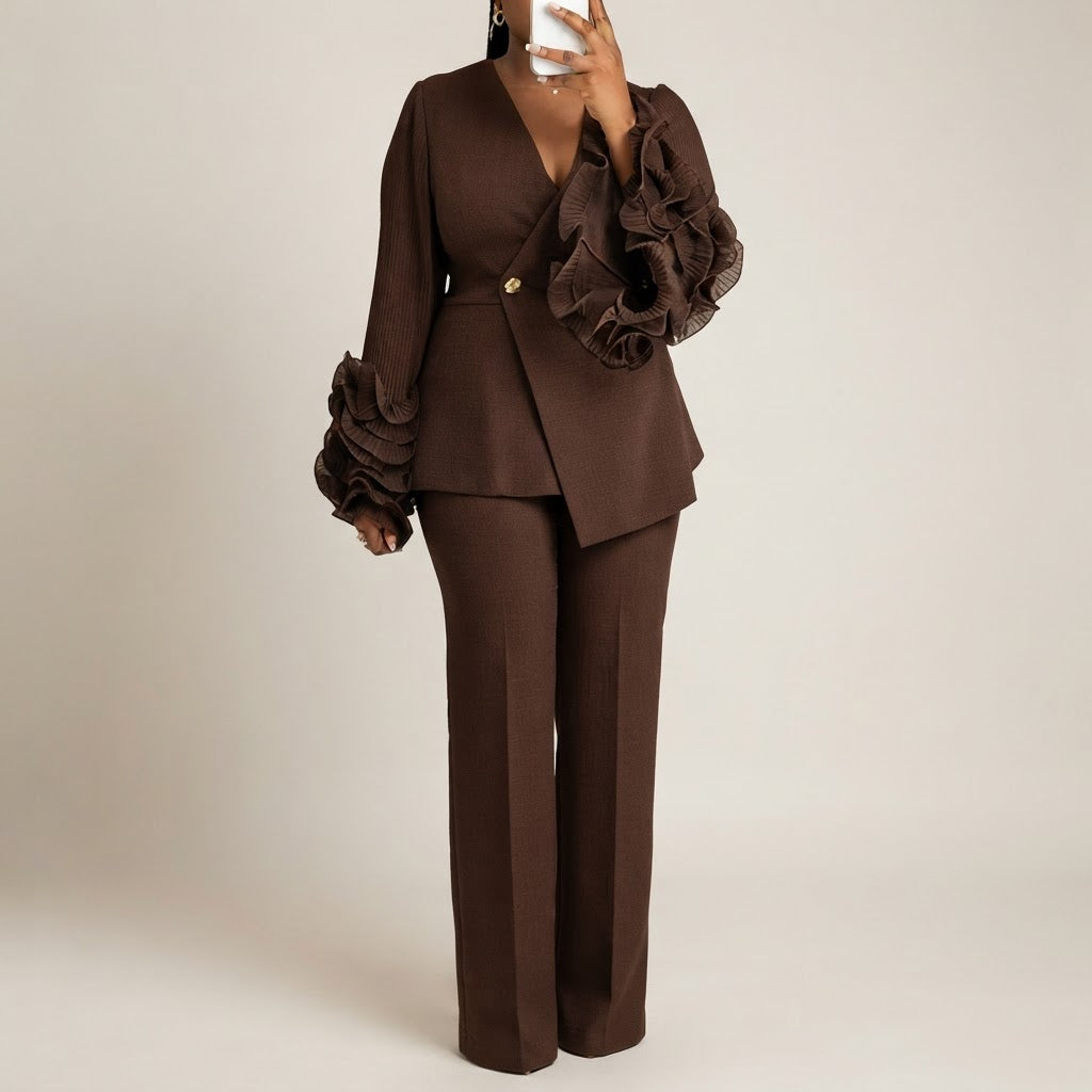 Women’s Ruffle-Sleeve Blazer & Pants Set