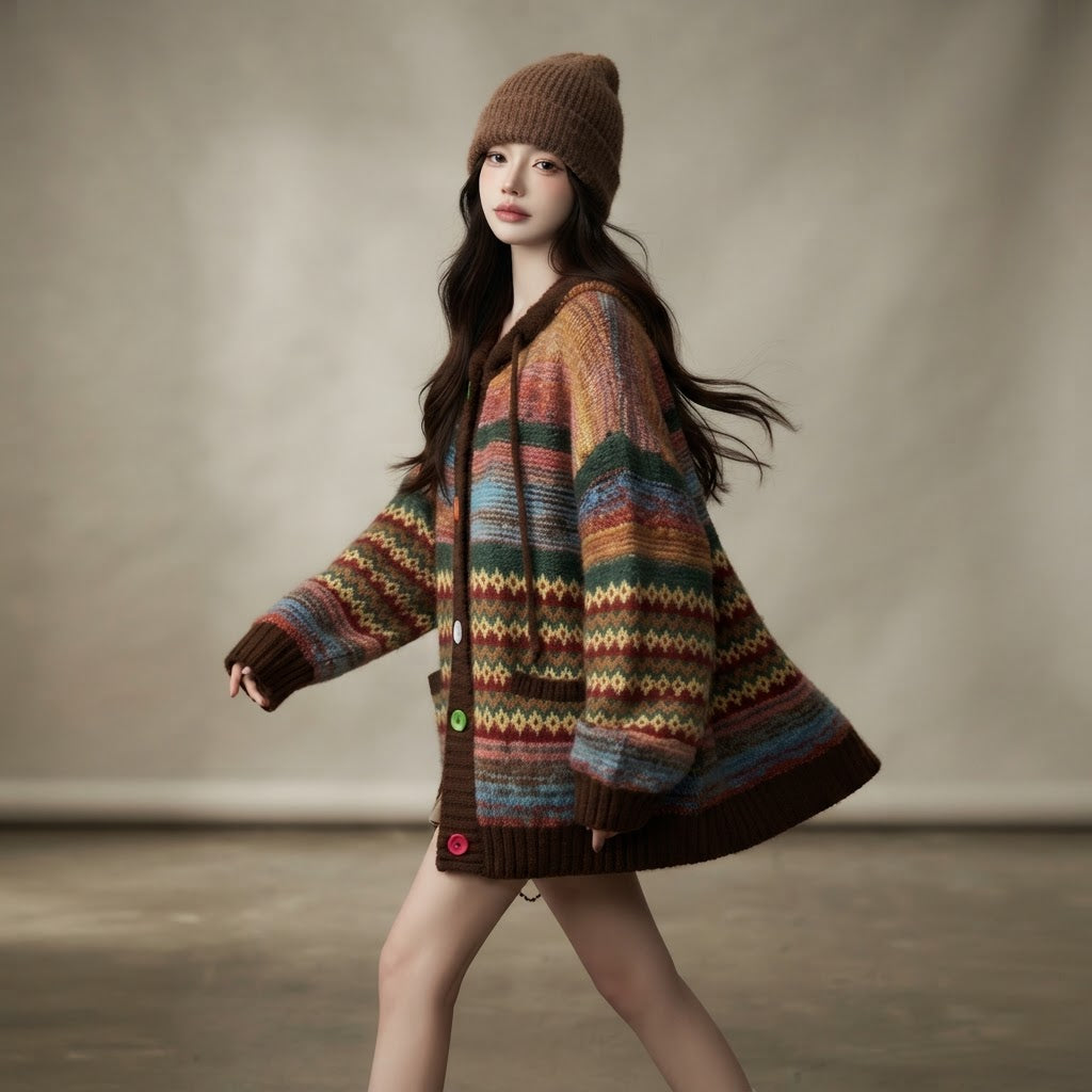 Retro Striped Contrast Knitted Cardigan - Oversized Cozy Knit