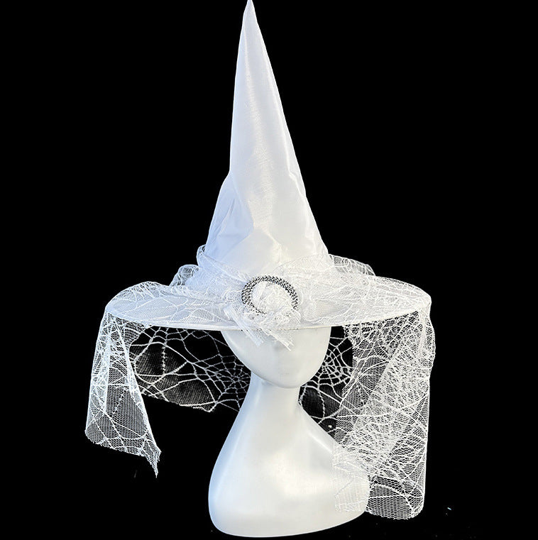 Halloween Party Witch Hat Lace Face Mysterious Sorcerer White Witch Hat Polyeste