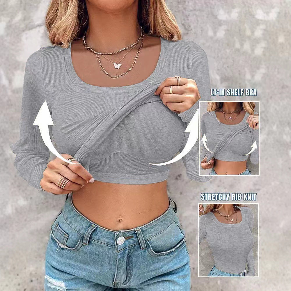 Women's Built-in Bra U-Neck Long Sleeve T-Shirt