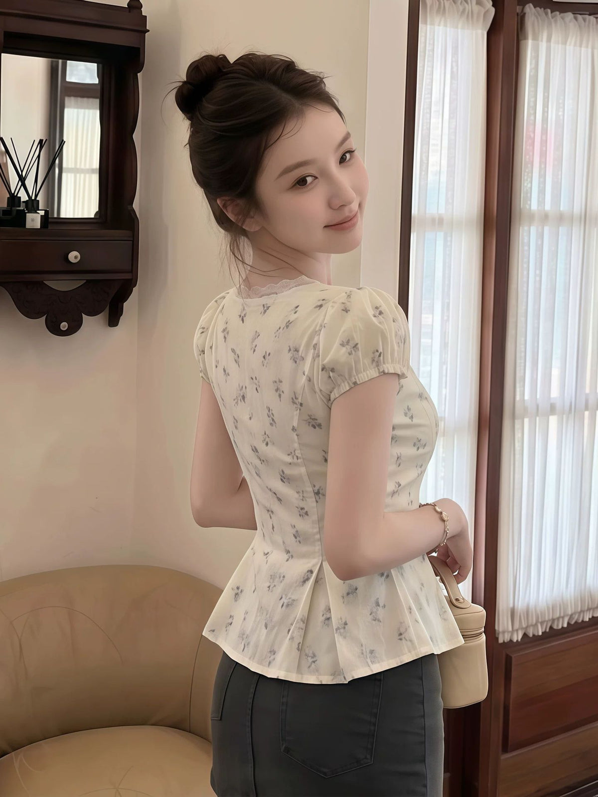 French Sweet Puff Sleeve Floral Shirt