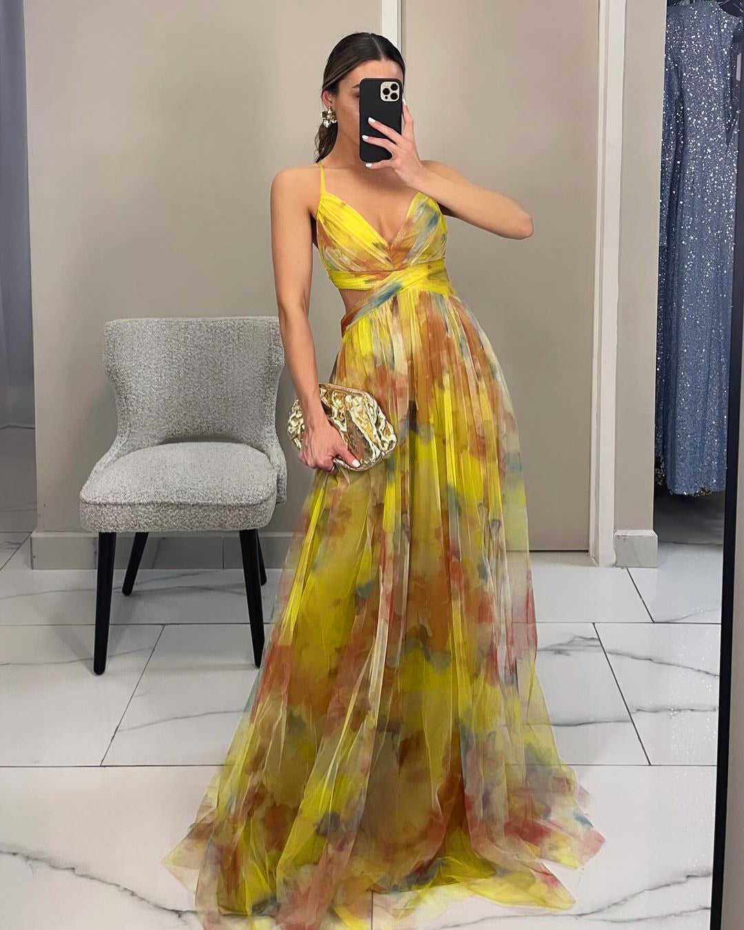 Women Mesh Printed Sling Dress Summer Vacation Party Dress