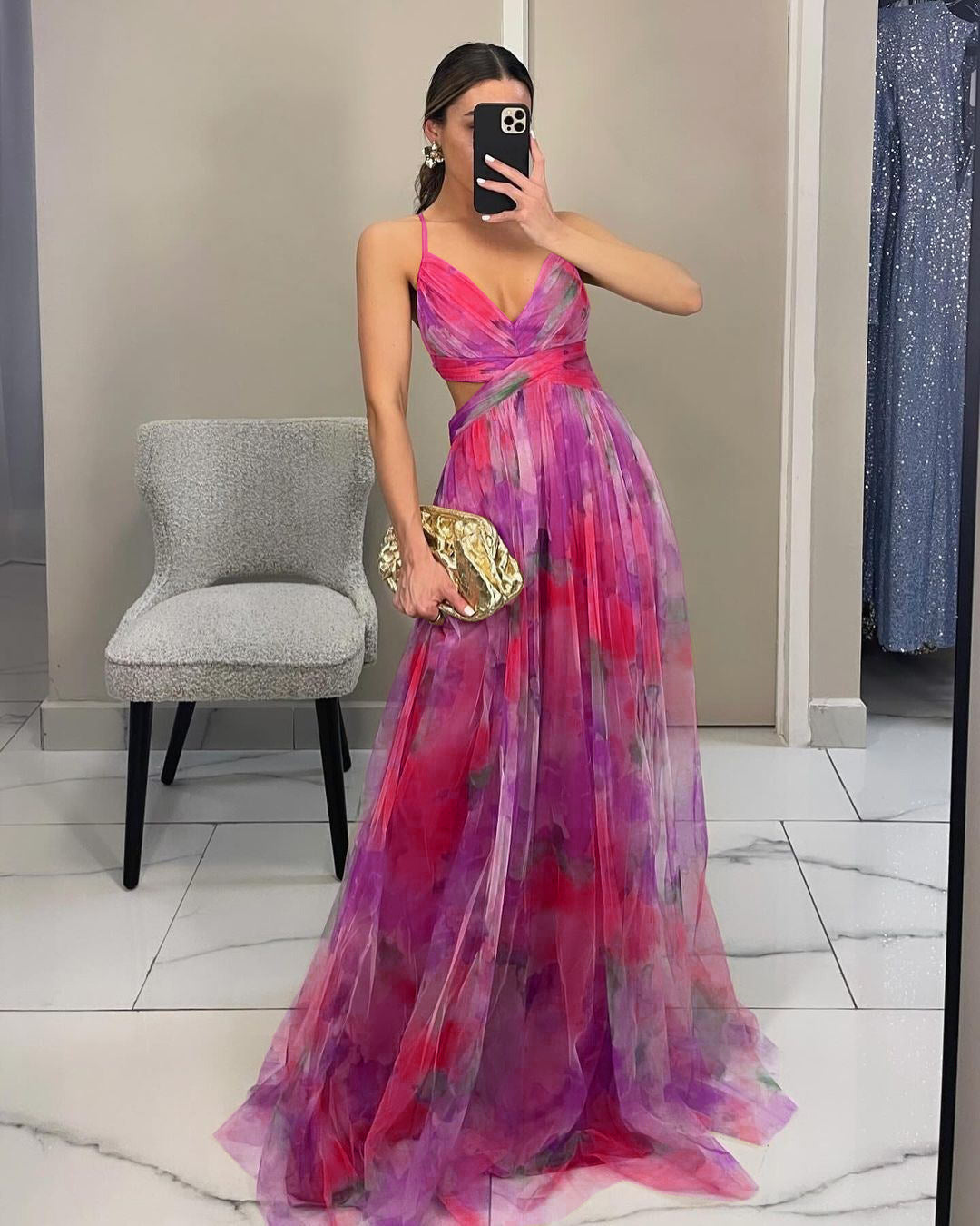 Women Mesh Printed Sling Dress Summer Vacation Party Dress