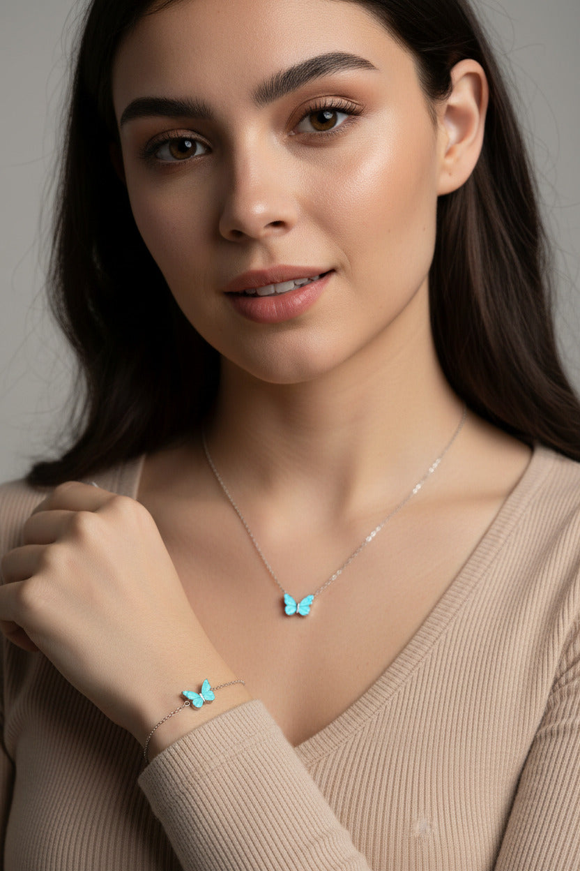 2 Pack Luminous Butterfly Adjustable Necklace and Bracelet Set