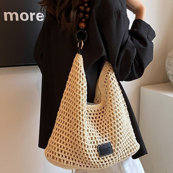 Knitted Woven Single-Shoulder Bag with Hollow-Out Design