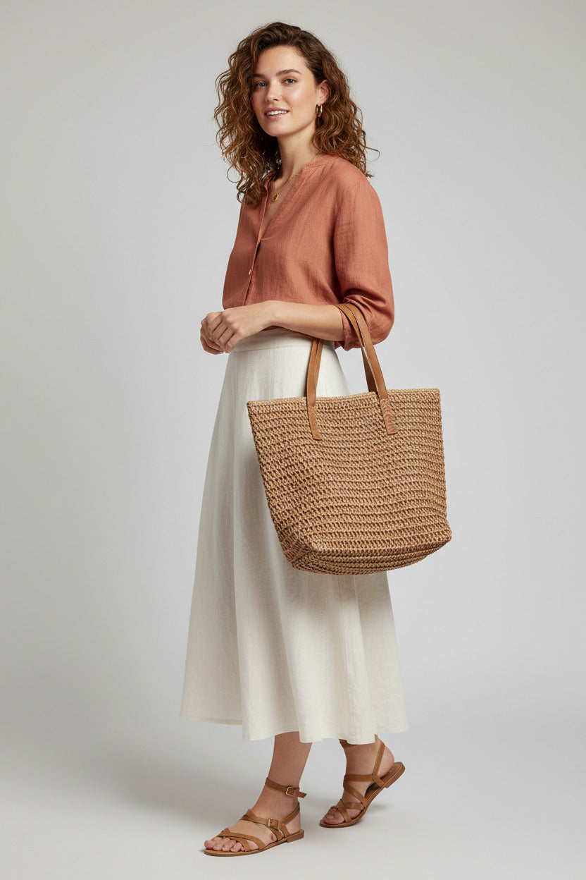 A woven straw tote bag with brown leather handles, styled on a bed with a cream-colored dress and a book.