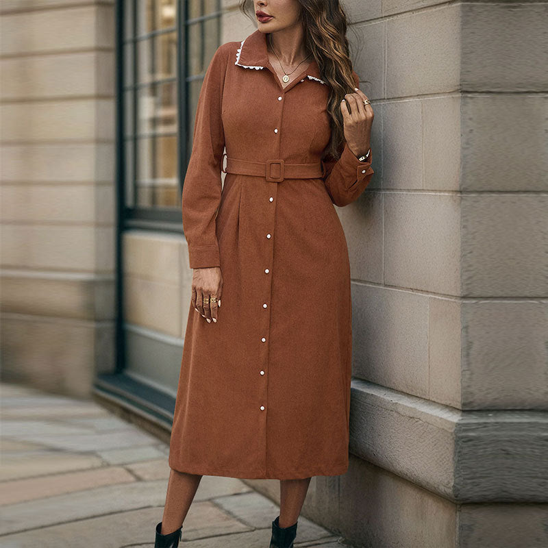 Womens Lapel Lace Trim Long Sleeve Corduroy Shirt Dress