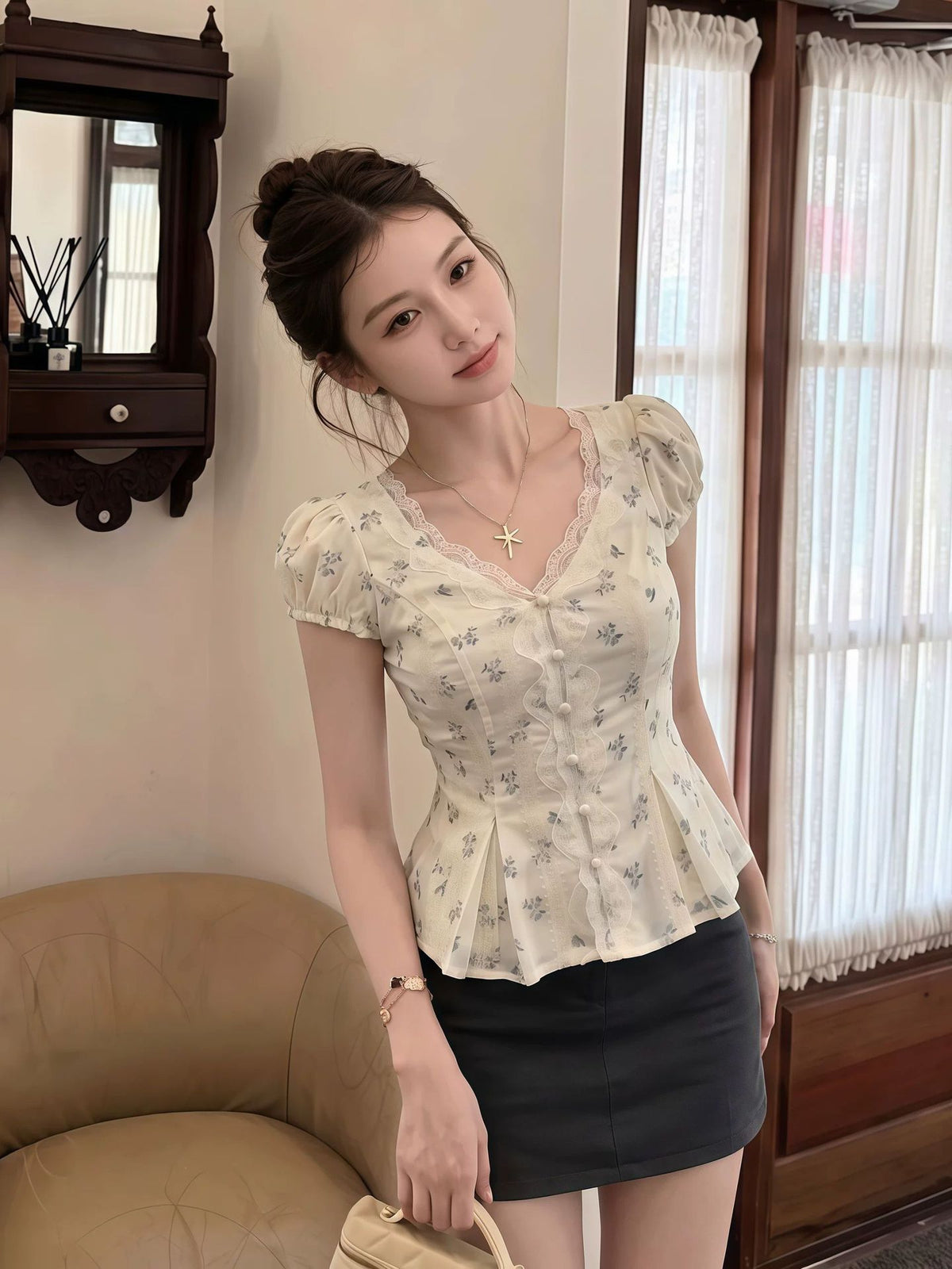 French Sweet Puff Sleeve Floral Shirt