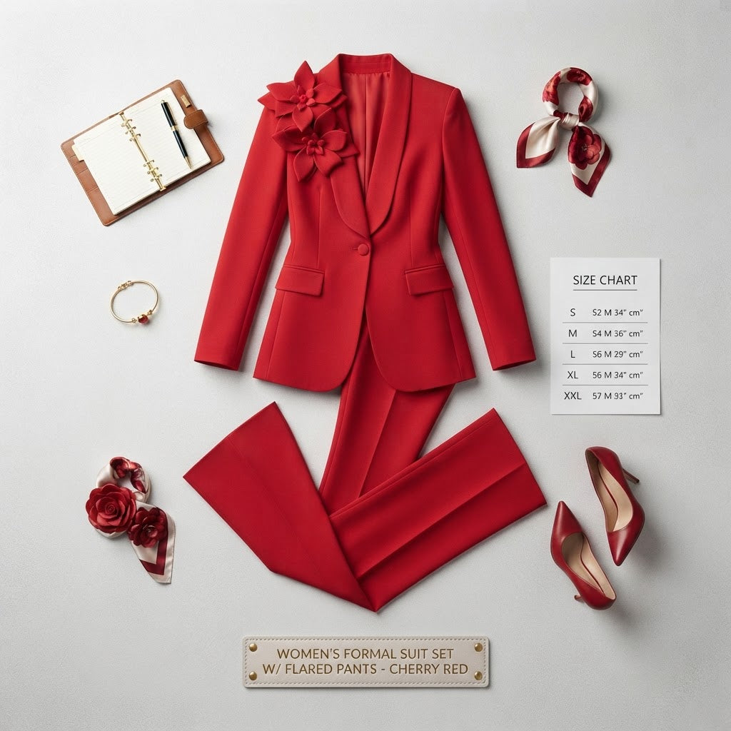 Women's Formal Floral Blazer and Flared Trouser Suit Set