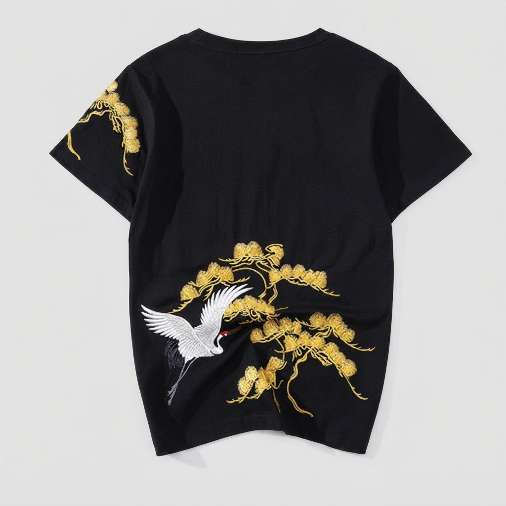 Unisex Crane Embroidery Cotton Crewneck T-Shirt