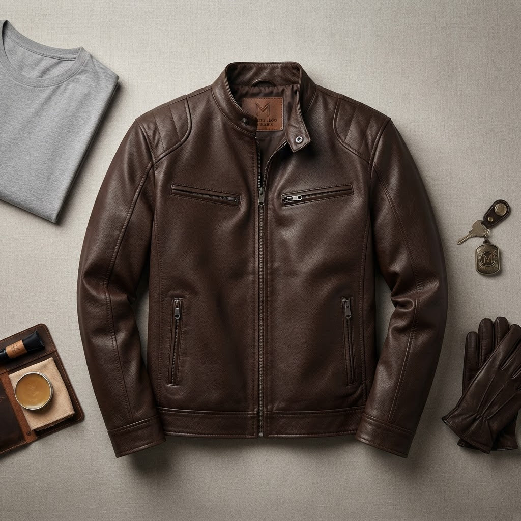 Men's Stand Collar Synthetic Leather Moto Jacket - product image 8