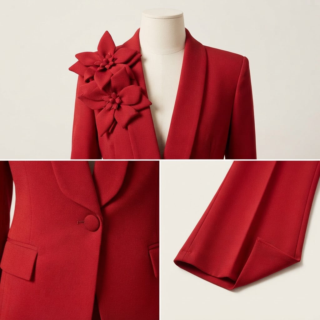 Women's Formal Floral Blazer and Flared Trouser Suit Set