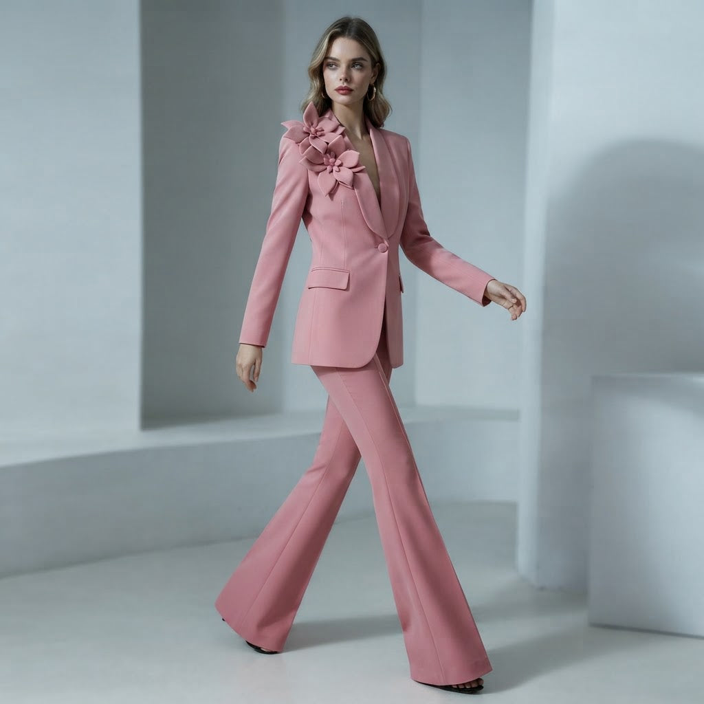 Women's Formal Floral Blazer and Flared Trouser Suit Set