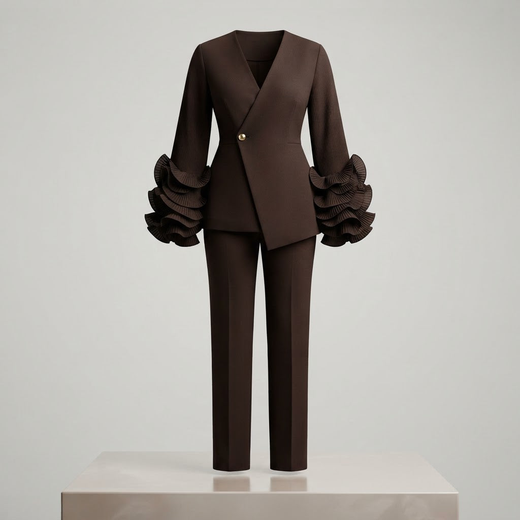 Women’s Ruffle-Sleeve Blazer & Pants Set