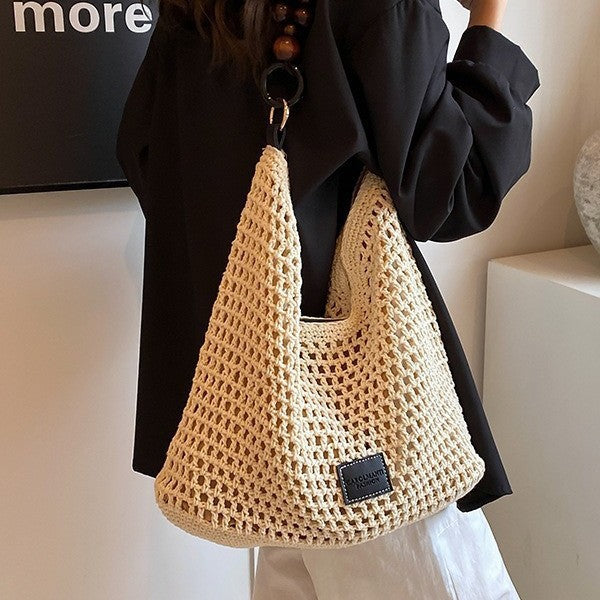 Knitted Woven Single-Shoulder Bag with Hollow-Out Design