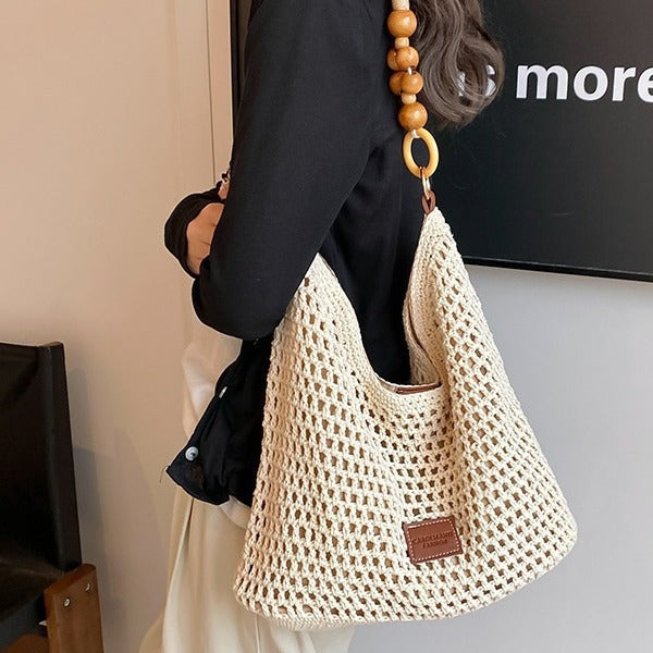 Knitted Woven Single-Shoulder Bag with Hollow-Out Design