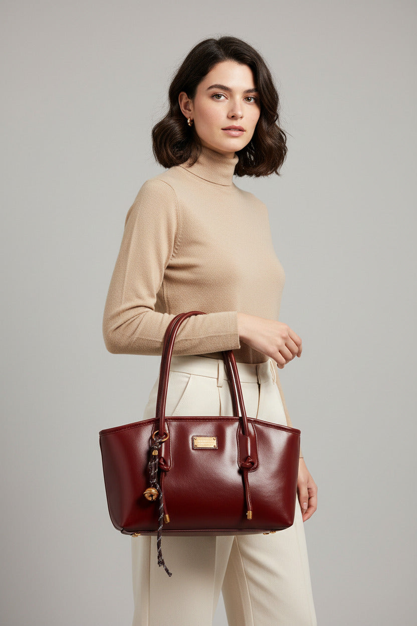 Red handbag with a gold tag on a light gray background