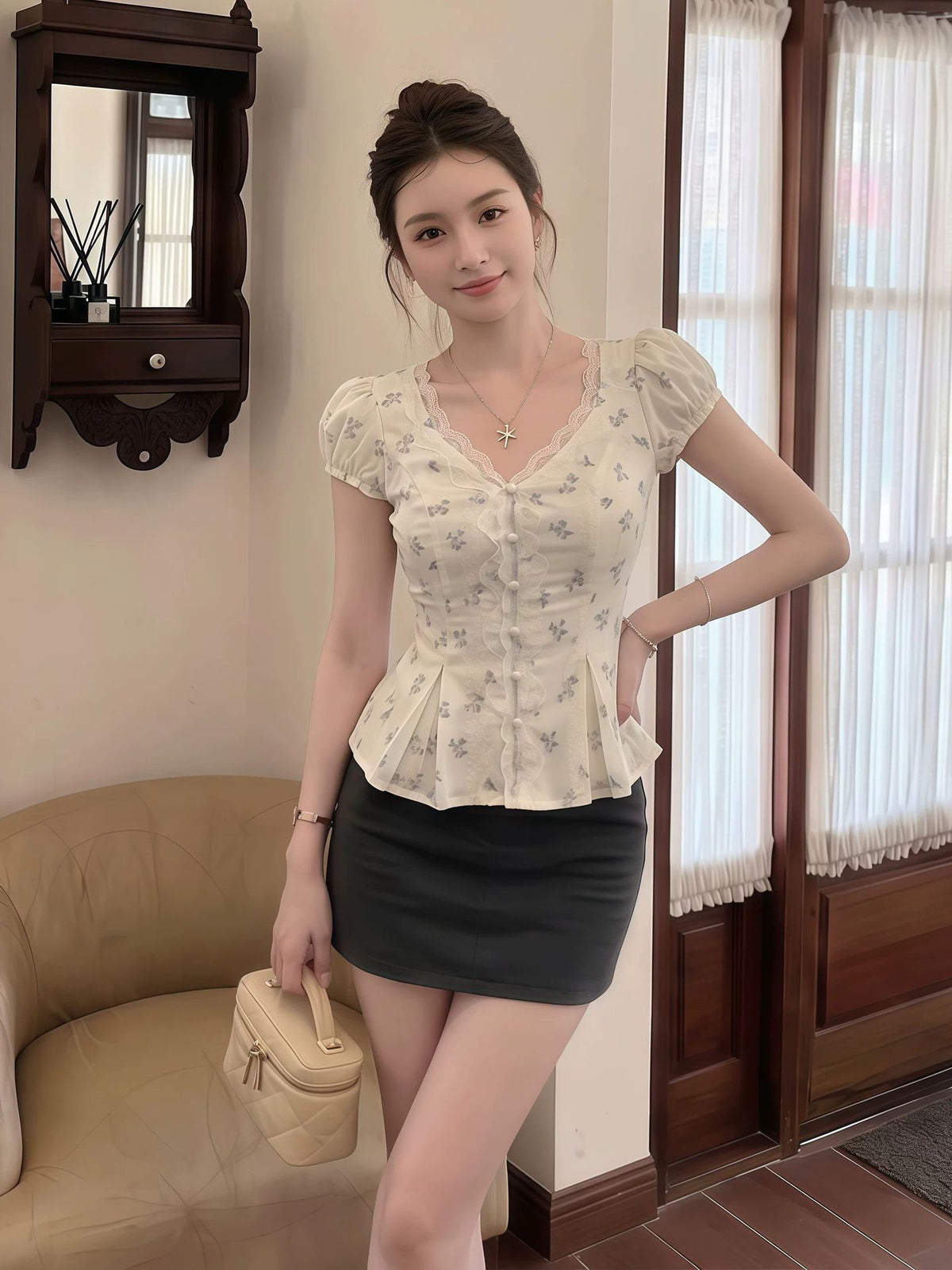 French Sweet Puff Sleeve Floral Shirt