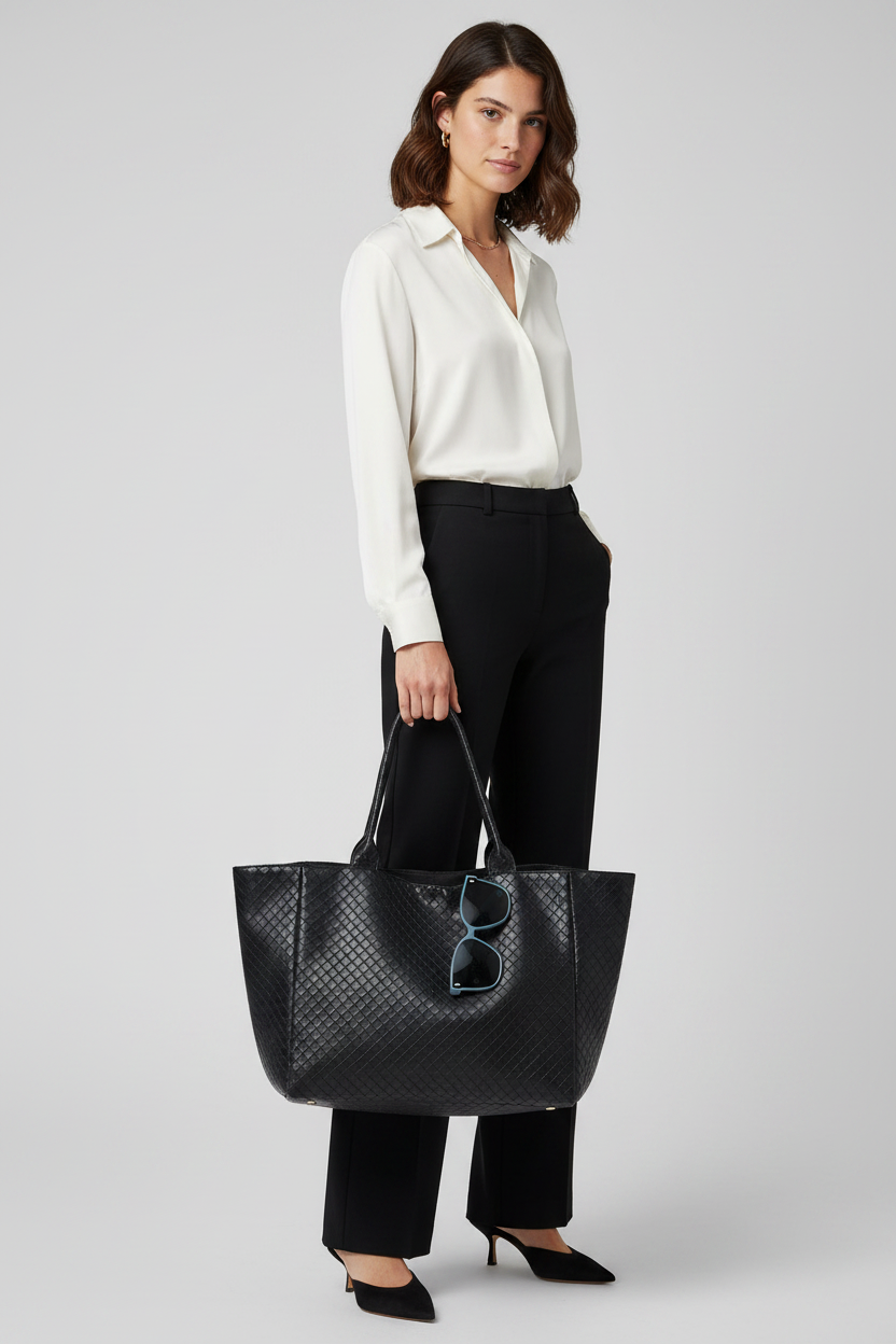 A black woven leather tote bag with double shoulder straps, leaning against a beige wall on a carpeted floor. A pair of blue-framed sunglasses rests on the front of the bag, and a Polaroid camera is partially visible on the floor nearby.