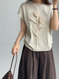 Stylish 3D floral round-neck short-sleeve top
