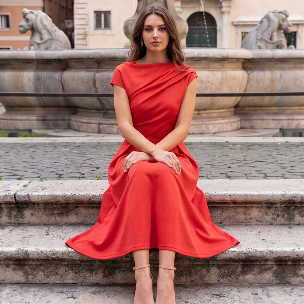 Elegant Diagonal Collar Waist-Cinching Dress