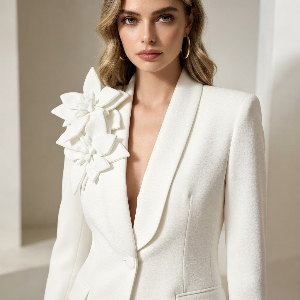 Women's Formal Floral Blazer and Flared Trouser Suit Set