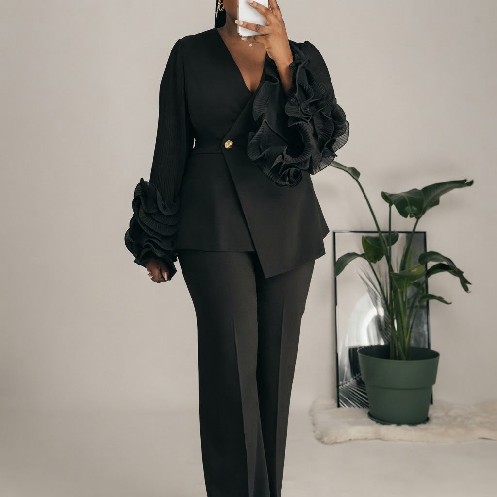 Women’s Ruffle-Sleeve Blazer & Pants Set