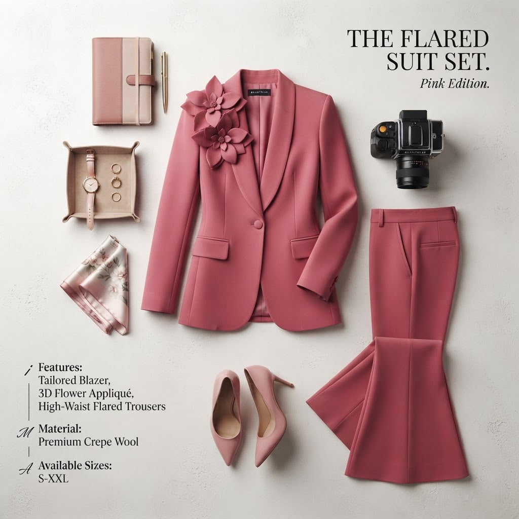 Women's Formal Floral Blazer and Flared Trouser Suit Set