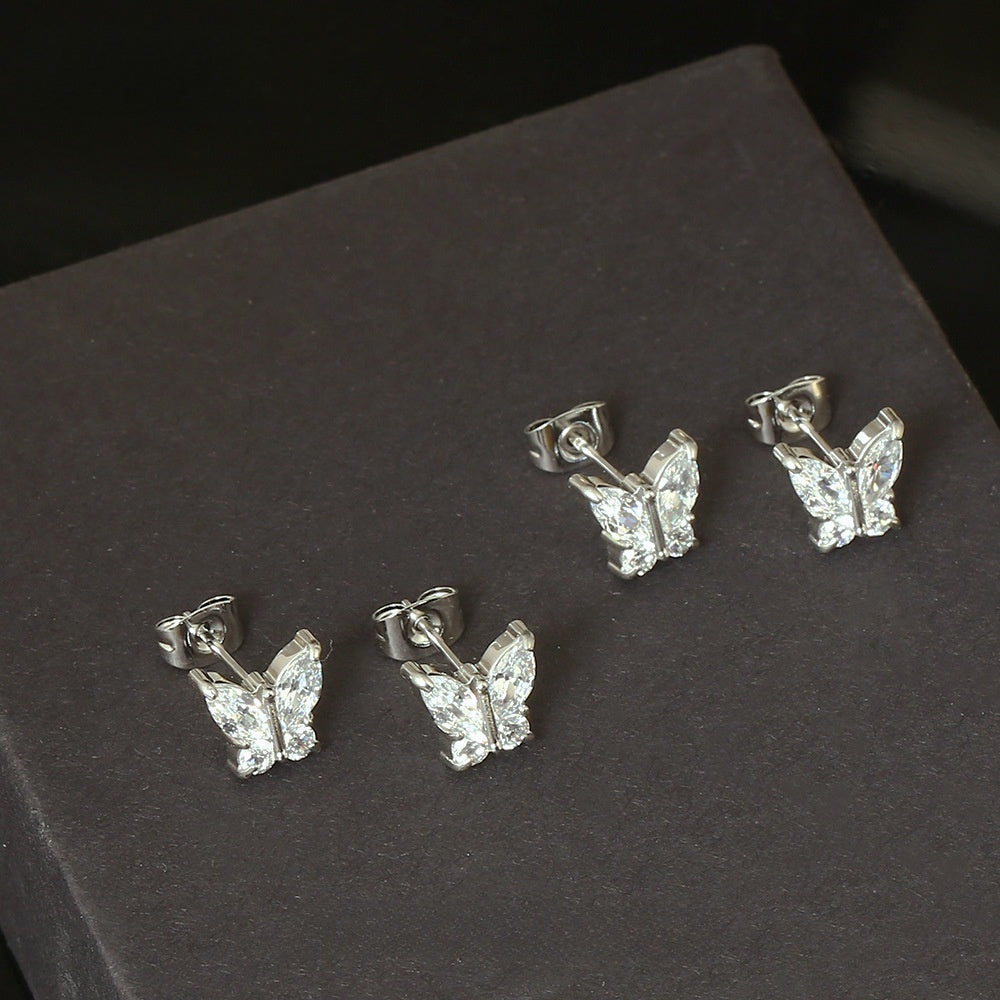 2 Pcs Butterfly Zircon Earring Steel Fashion Jewelry