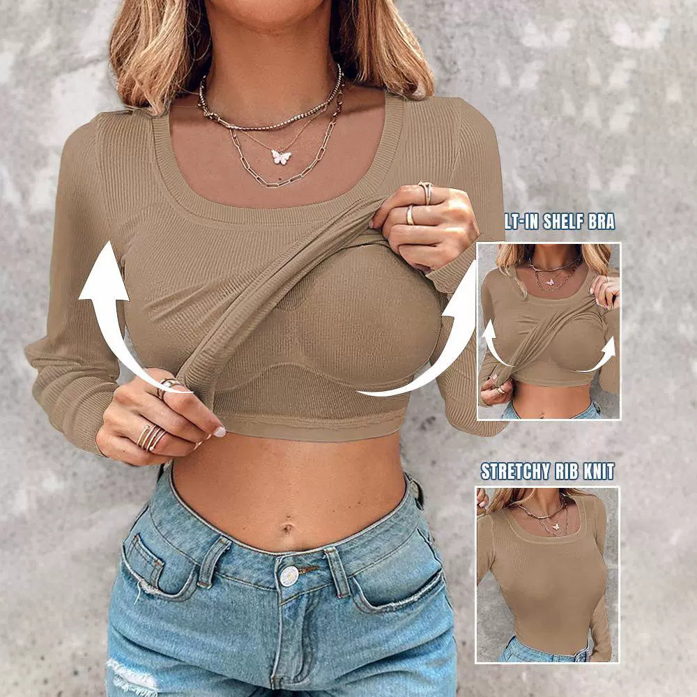Women's Built-in Bra U-Neck Long Sleeve T-Shirt