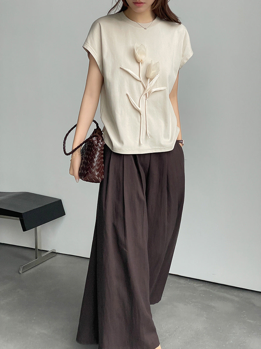 Stylish 3D floral round-neck short-sleeve top