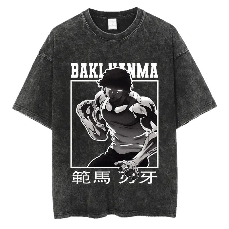 Vintage Washed Anime Streetwear T-Shirt - Baki Graphic Edition