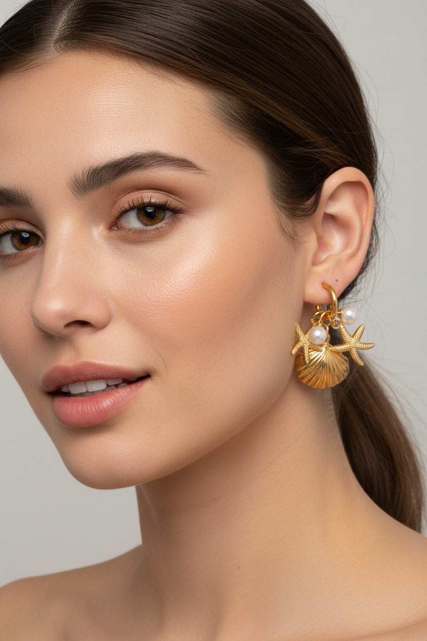 Shell  Pearl  Earrings Titanium Steel 18K Gold Plated Fashion Jewelry