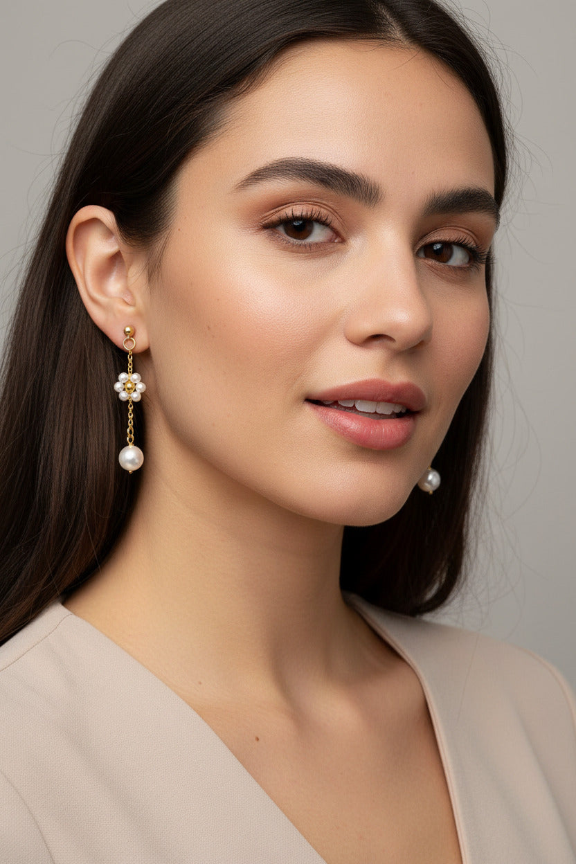 Gold earrings with pearl drops on a white surface