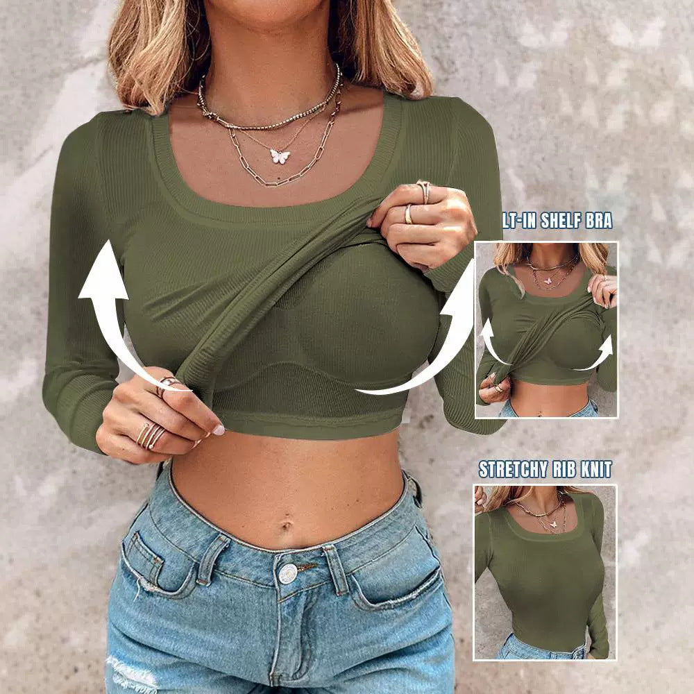 Women's Built-in Bra U-Neck Long Sleeve T-Shirt