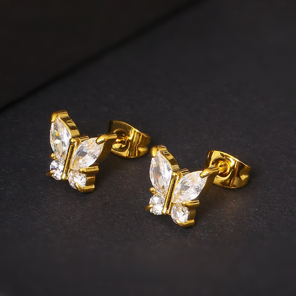 2 Pcs Butterfly Zircon Earring Steel Fashion Jewelry