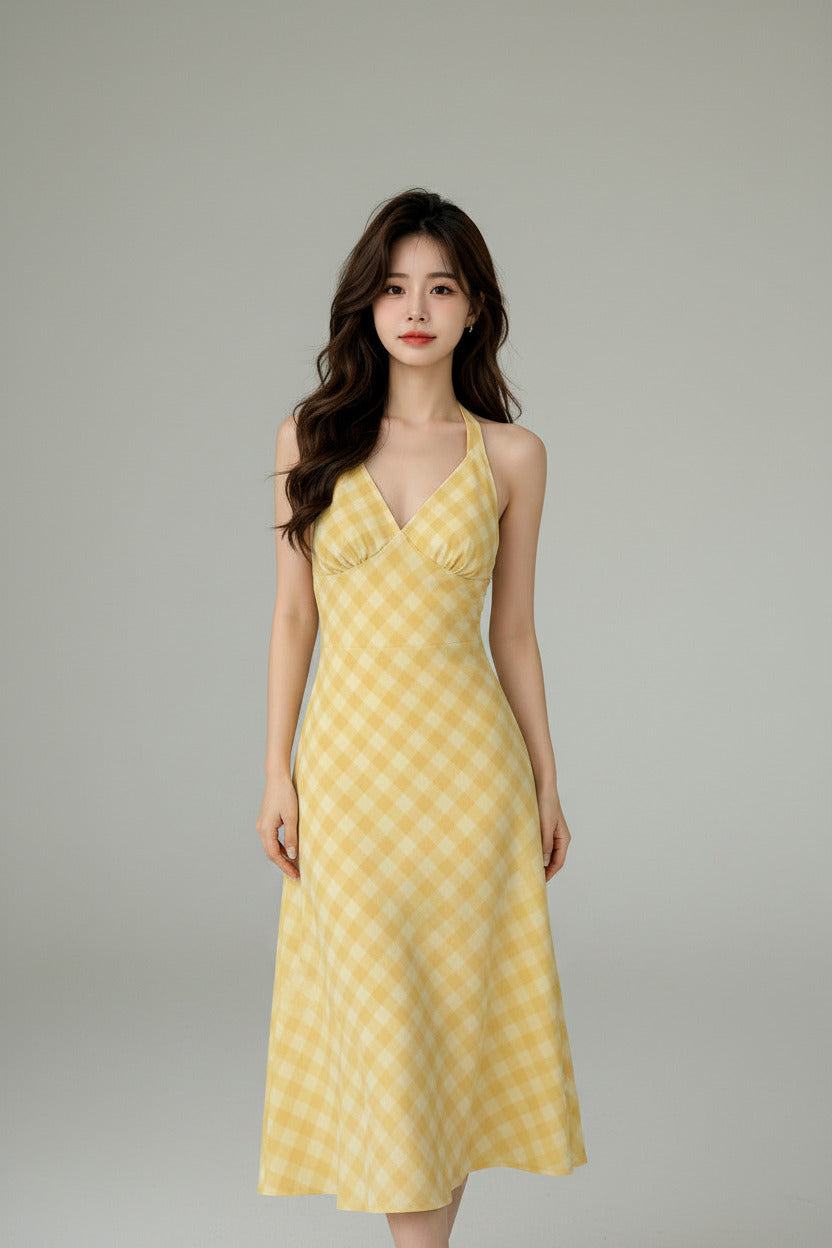 Yellow Plaid Halter Neck Summer Dress