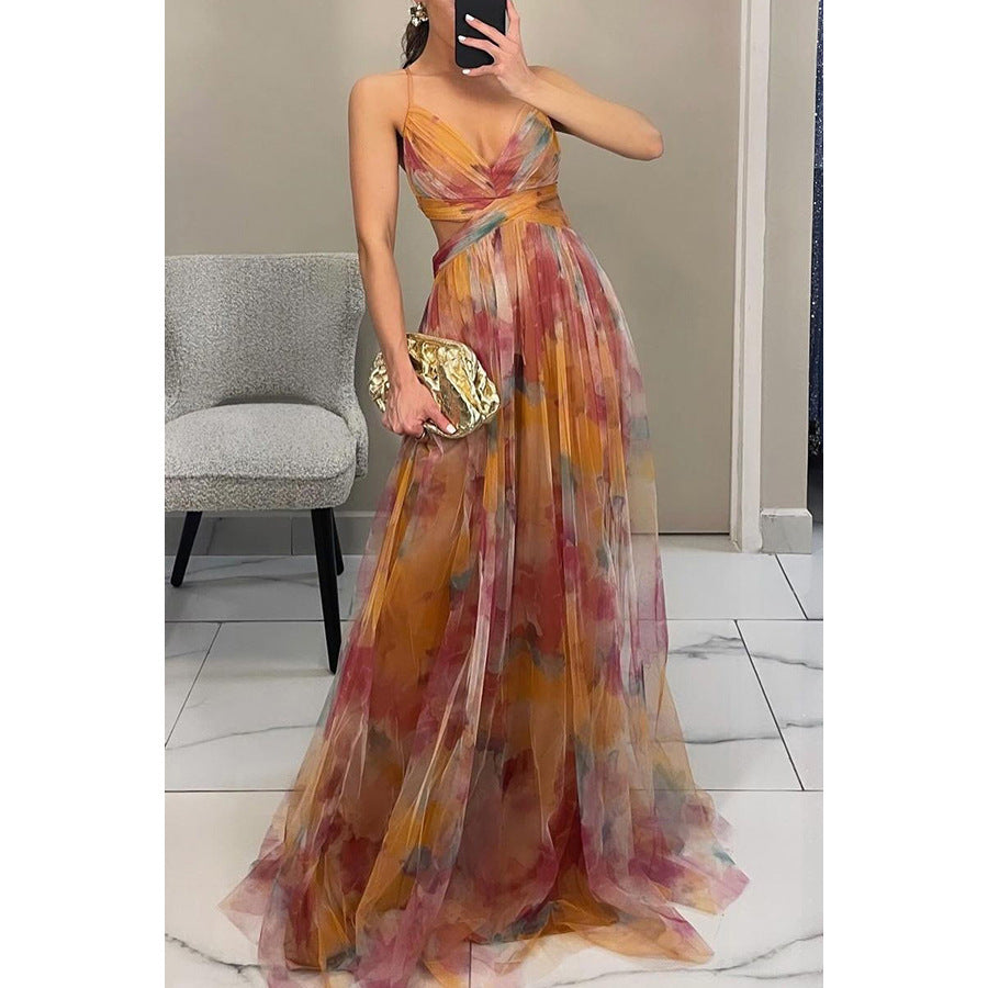 Women Mesh Printed Sling Dress Summer Vacation Party Dress