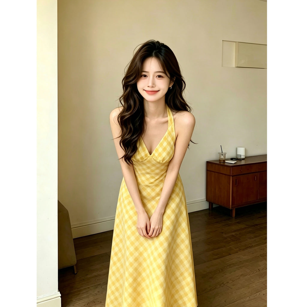 Yellow Plaid Halter Neck Summer Dress