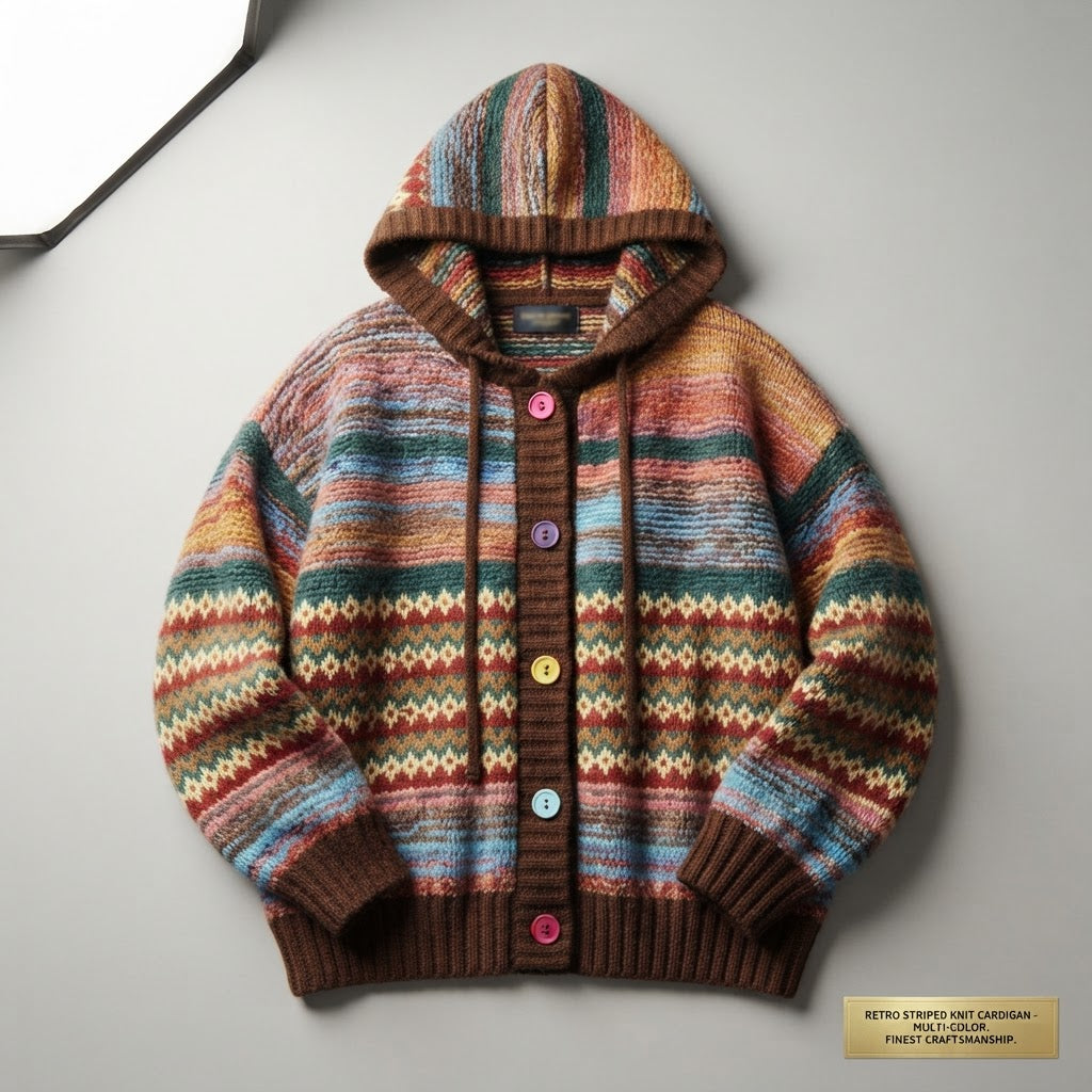 Retro Striped Contrast Knitted Cardigan - Oversized Cozy Knit
