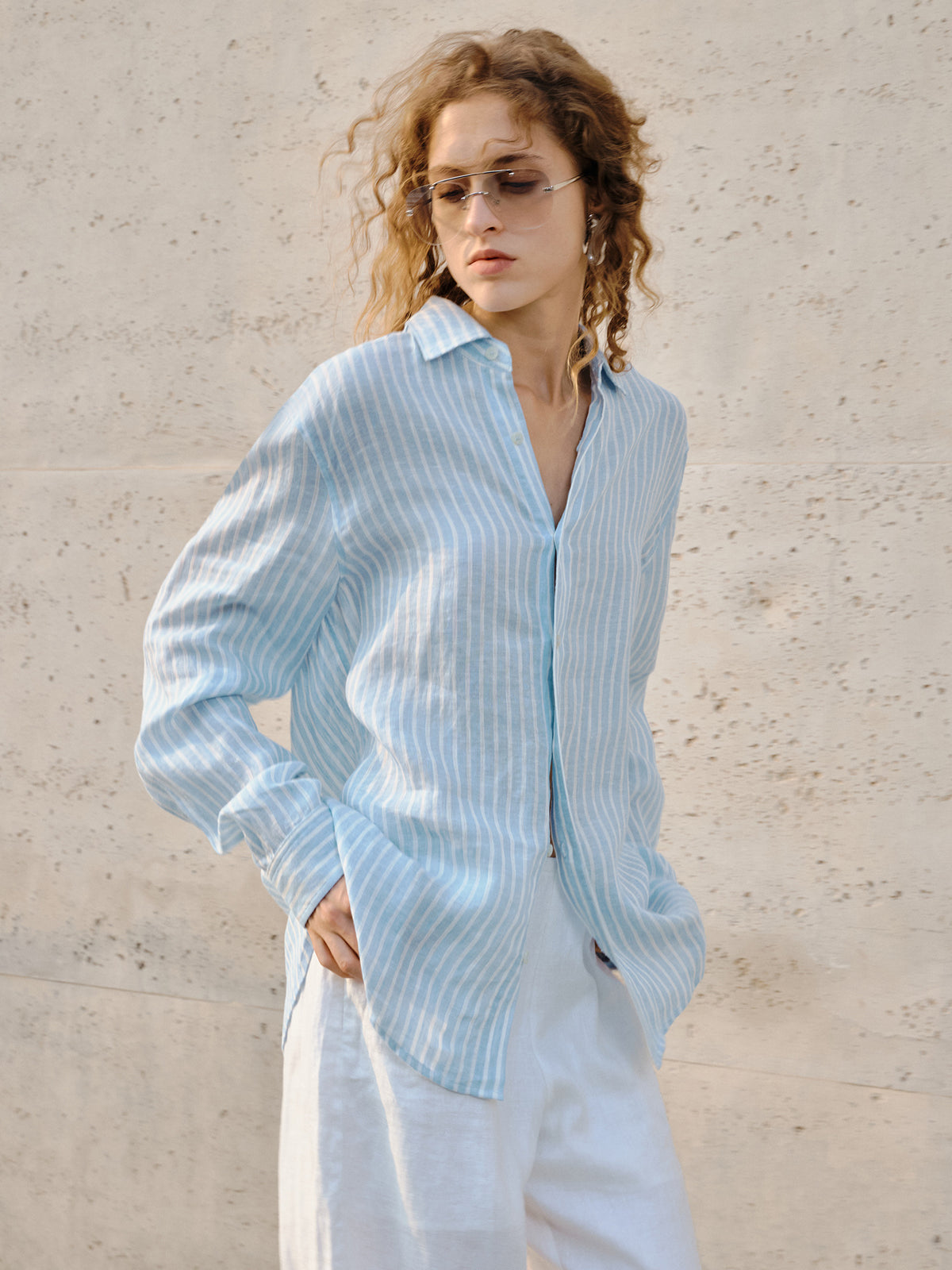 Women's linen loose-fitting collar shirt