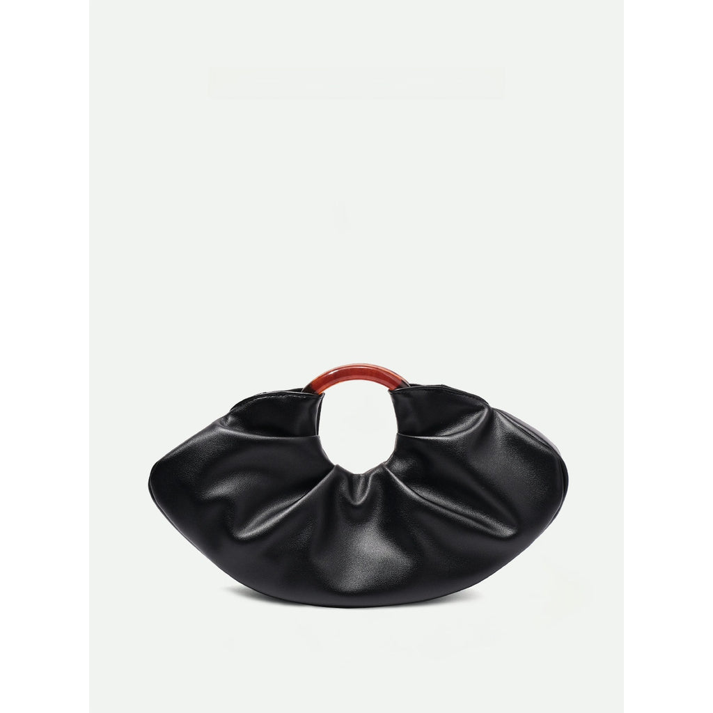 Pleated Leather Clutch Bag with Ring Handle