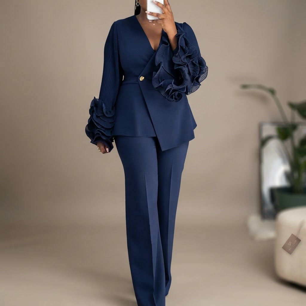 Women’s Ruffle-Sleeve Blazer & Pants Set
