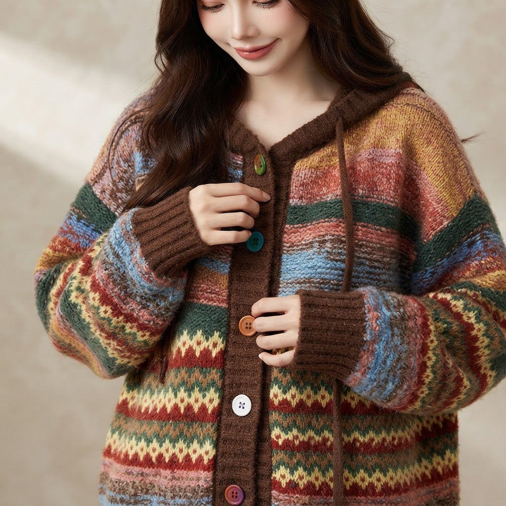 Retro Striped Contrast Knitted Cardigan - Oversized Cozy Knit