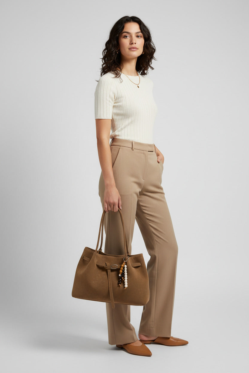 A brown suede tote bag with double shoulder straps and a dangling beaded keychain charm, displayed on a white book against a textured beige wall.