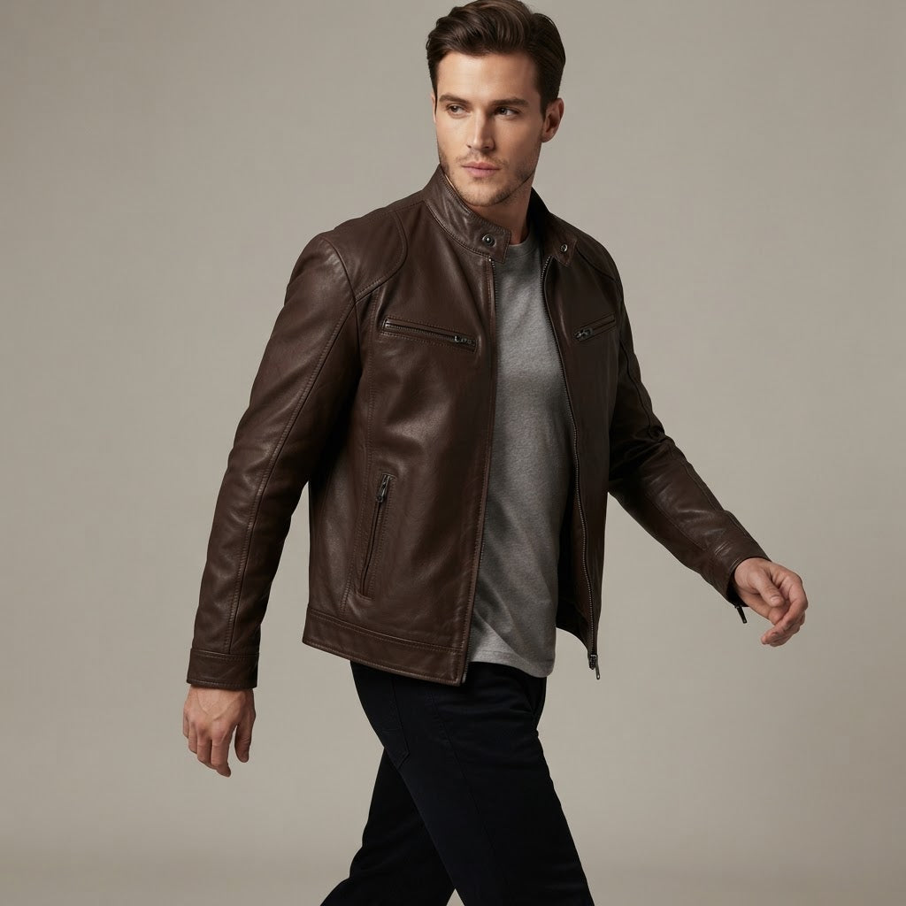 Men's Stand Collar Synthetic Leather Moto Jacket - product image 7