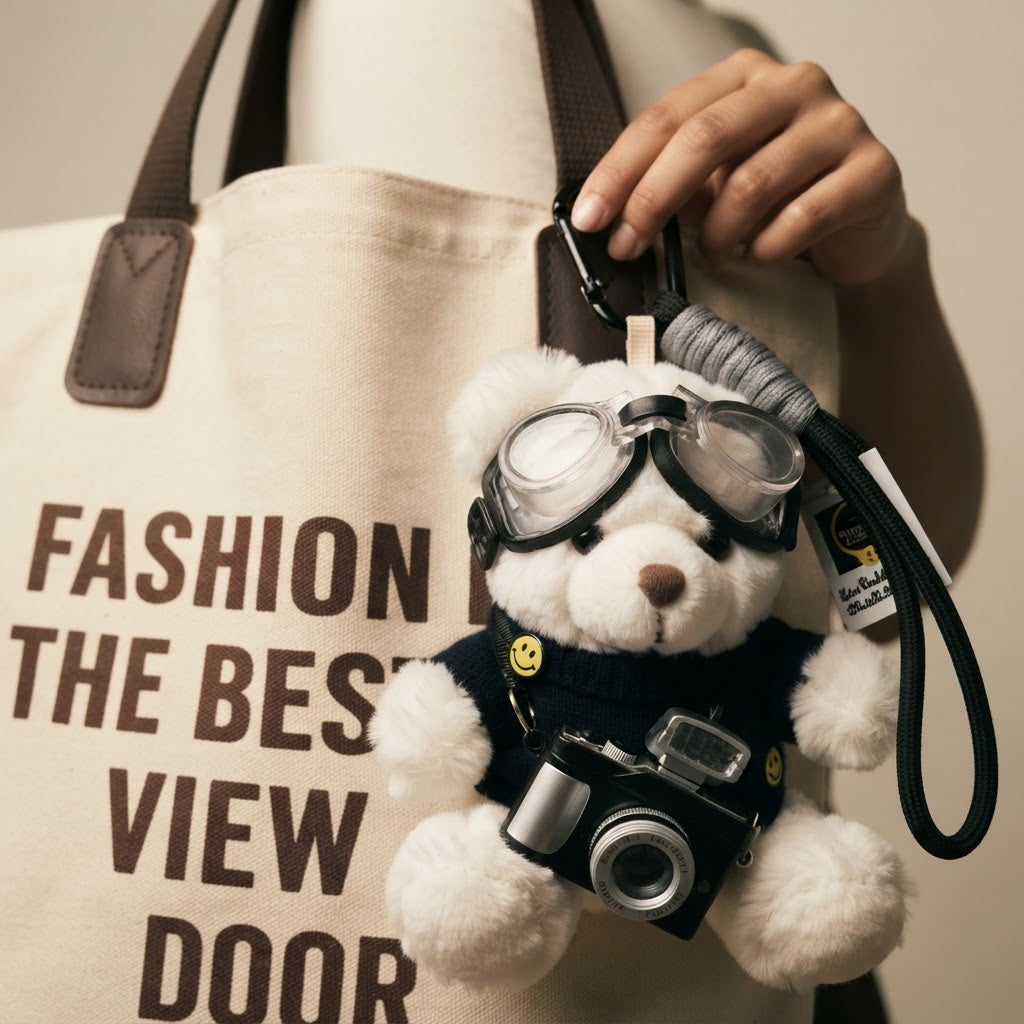 Plush Bear Keychain with Built-in Flash Camera and Mirror