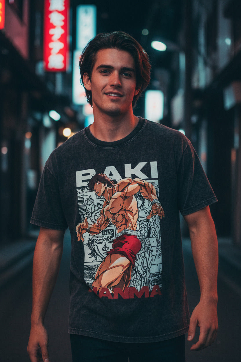 Vintage Washed Anime Streetwear T-Shirt - Baki Graphic Edition
